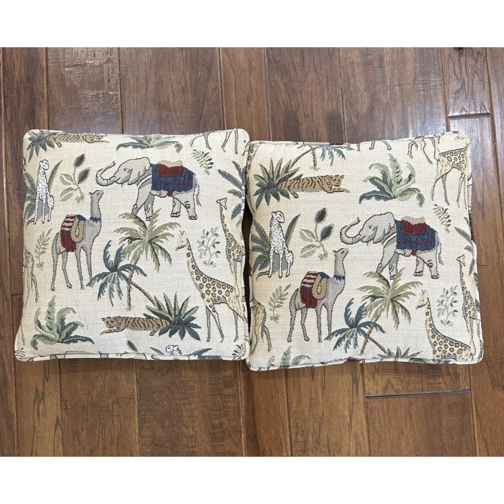 Vintage Needlepoint Safari Pillow Set 2 Elephant Camel Giraffe Tiger Animal‎ Art
